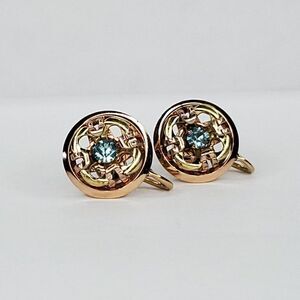 Vintage 12K GF Gold Screwback Earrings Round Flower Blue Crystal Center 1/2"